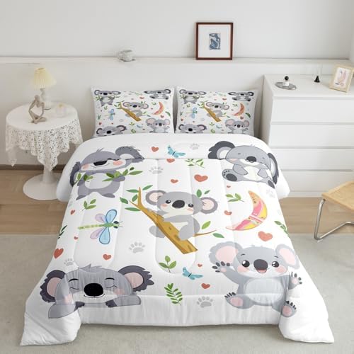 Cute Koala Comforter Set King Size,Kawaii Cartoon Animal Bedding Sets for Kids Girls Boys Adult Room Decor,Tropical Leaves Down Comforter Butterfly Dragonfly Paw Print Quilt Set,2 Pillowcases