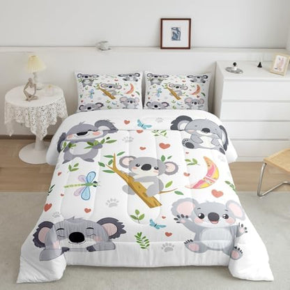 Cute Koala Comforter Set King Size,Kawaii Cartoon Animal Bedding Sets for Kids Girls Boys Adult Room Decor,Tropical Leaves Down Comforter Butterfly Dragonfly Paw Print Quilt Set,2 Pillowcases