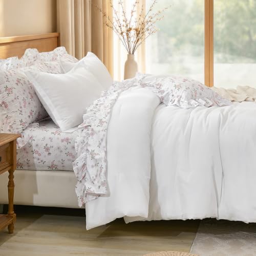 WONGS BEDDING 8PC Queen Comforter Set, Ruffle Comforter with Floral Sheets