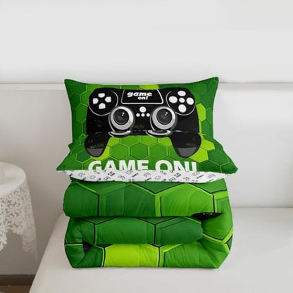 Castle Fairy Gamepad Reversible Children Comforter Set,Sports Gaming Bedding Set for Kids Boys,Adults Soft Geometric Hexagon Comforter,Teens Green Quilted Duvet Set Bedroom Collection King Size 3Pcs