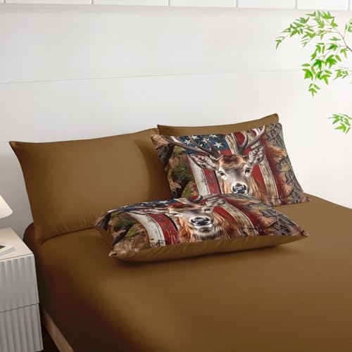 7Pcs Comforter Set American Flag Deer Printed Bedding Set with 1 Comforter, 1 Flat Sheet, 1 Fitted Sheet and 4 Pillowcases for Boys and Girls Bedroom All Season(Deer Queen)