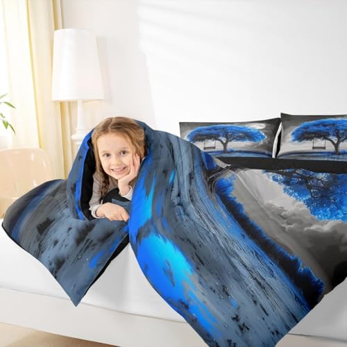 Manfei Tree Artwork of Life Kids Comforter Set Full Size,Cloud Botanical Nature Bedding Set,Girls Boys Room Decor,Modern Abstract Art Quilt Comforter,Blue Fashion Simple Duvet Insert,2 Pillowcases