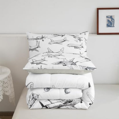 Homewish Airplane Comforter Set Queen Size Aircraft Bedding Set 3Pcs for Kids Girls Boys Teens Bedroom Decor Black White Sketch Print Quilt Set Flying Theme Duvet Insert,2 Pillowcases