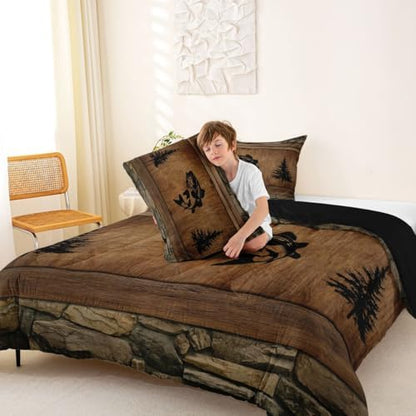 Manfei Pike Fish Comforter Set Twin Size,Rustic Farmhouse Brown Wooden Bedding Set 2pcs,Fishing and Hunting Down Comforter for All Season,Kids Boys Girls Room Decor,1 Pillowcase,No Sheets