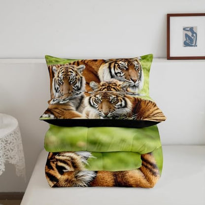 Erosebridal Tiger Bedding Set Queen,Safari Animal Comforter Set for Kids Boys Teens Adults Men,Tigers Family Down Comforter Cool Wildlife Bedding Sets Green African Grassland Quilt Duvet Set 3 Pcs