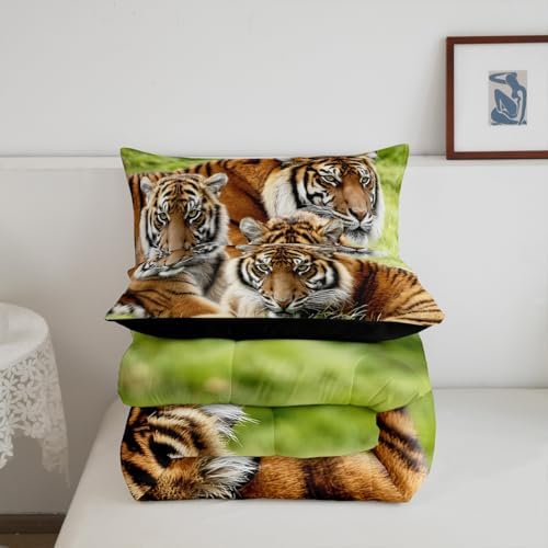 Erosebridal Tiger Bedding Set King,Safari Animal Comforter Set for Kids Boys Teens Adults Men,Tigers Family Down Comforter Cool Wildlife Bedding Sets Green African Grassland Quilt Duvet Set 3 Pcs