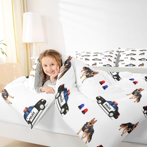 Feelyou Police Car Comforter Set Full Size Dogs Bedding Set for Kids Boys Girls Policeman Vehicle Duvet Quilt Bedroom Decor Microfiber 3 Pcs with 2 Pillow Cases