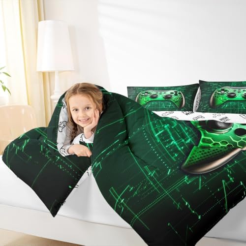 Modern Gamepad King Size Comforter Set,Kids Green Geometric Gradient Game Decor All Season Bedding Set,Teens Video Games Comforter,Cool Player Gaming Decor Quilt Set Bedroom Collection 3Pcs