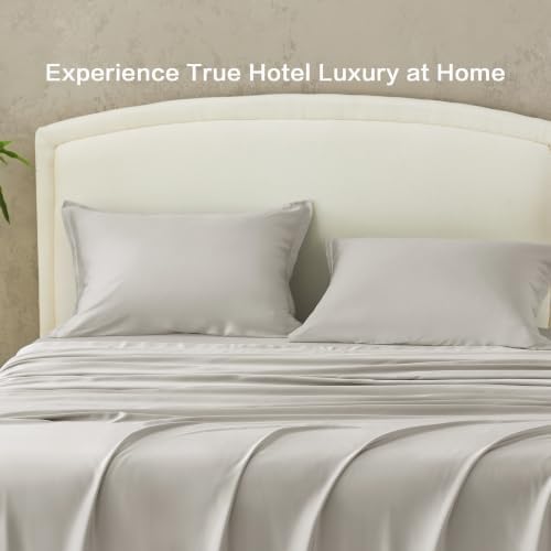 Andency Sateen Sheets Set, 100% Viscose Derived from Bamboo, Hotel Luxury Silky & Cooling for Hot Sleepers, Deep Pocket Up to 16", Grey Queen