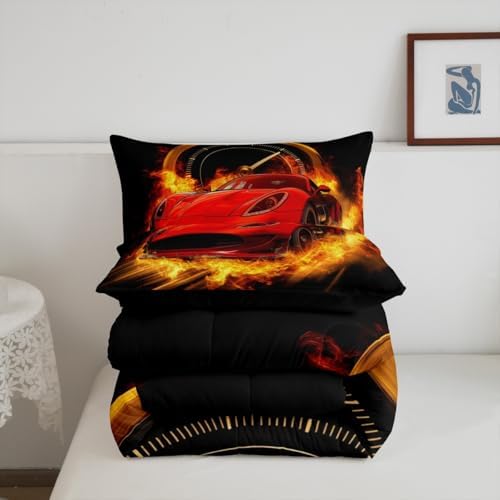 Erosebridal Red Race Car King Comforter Set for Boys Girls,Kids Sports Car Bedding Set Race Car Decor for Toddler Boys Room,Cool Cars Comforter Set Breathable Racing Car Quilt Bed Set 3Pcs
