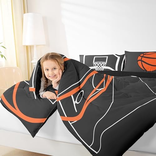 Castle Fairy Basketball Court Print Kids Comforter Set Toddler Size,Ball Sports Games Themed Bedding Comforters Bedroom Decor,Orange Basketball and Hoop Microfiber Quilt/Duvet Set for Kids Teens,3pcs