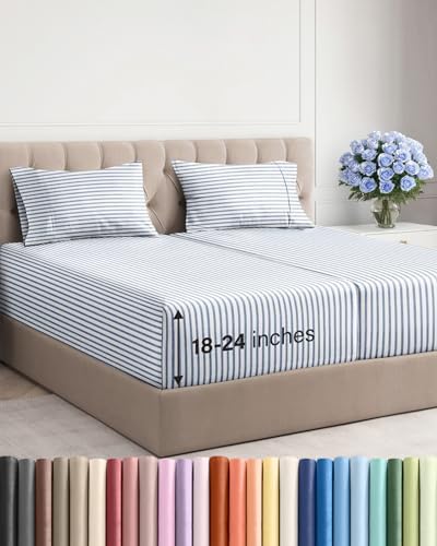Extra Deep Split King Sheet Set - 5 Piece Breathable Cooling - Blue Stripes