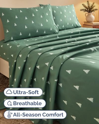 Christmas Sheet Set, Sage Pine Trees, Holiday Xmas Bedding Set - Full Size