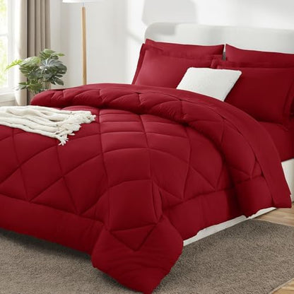 CozyLux Full Comforter Set 82"x86" Dark Red - 7 Piece Bed in a Bag