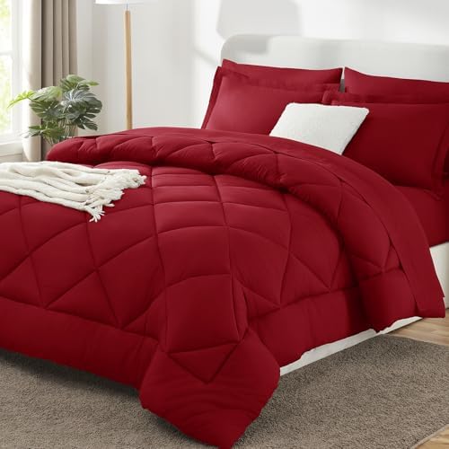 CozyLux Queen Comforter Set 88"x88" Dark Red - 7 Piece Bed in a Bag