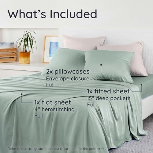 Bambaw 100% Viscose Derived from Bamboo Sheets Full Size Set – 4pcs Cooling Sheets for Hot Sleepers, Super Soft Full Size Sheet Set, with Elastic Corner Straps, Hotel Luxury Bedding (Sea Glass)