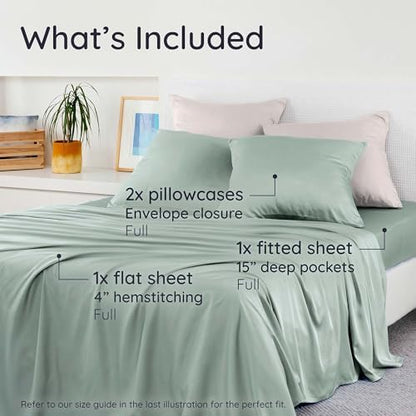 Bambaw 100% Viscose Derived from Bamboo Sheets Full Size Set – 4pcs Cooling Sheets for Hot Sleepers, Super Soft Full Size Sheet Set, with Elastic Corner Straps, Hotel Luxury Bedding (Sea Glass)