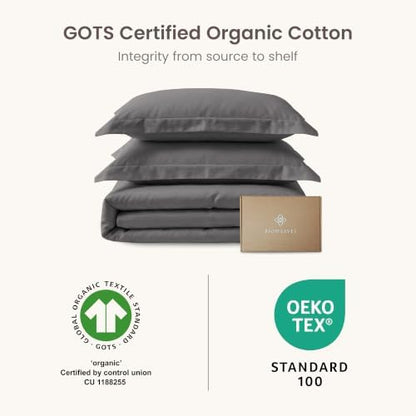 BIOWEAVES 100% Organic Cotton King Duvet Cover Set, 3-Piece, 300 Thread Count Sateen Weave GOTS Certified Comforter Cover with Buttoned Closure and 2 Pillow Shams – Stone, 104x90 inches