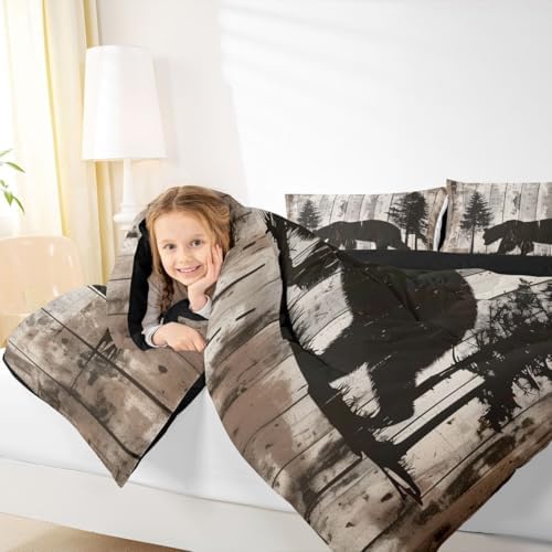 jejeloiu Bear Comforter Set All Season Rustic Cabin Country Bedding Set with 2 Pillow Cases Wild Animal Microfiber Kids Full Bedclothes Bedroom Decor Duvet Quilt Breathable Soft Lightweight