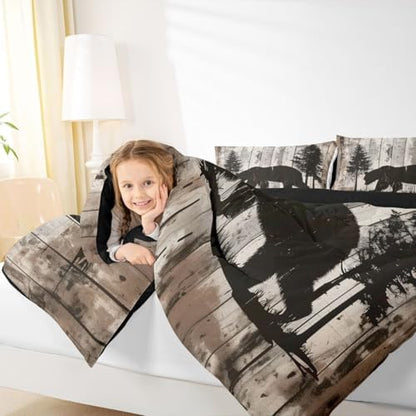 jejeloiu Bear Comforter Set All Season Rustic Cabin Country Bedding Set with 2 Pillow Cases Wild Animal Microfiber Kids Full Bedclothes Bedroom Decor Duvet Quilt Breathable Soft Lightweight