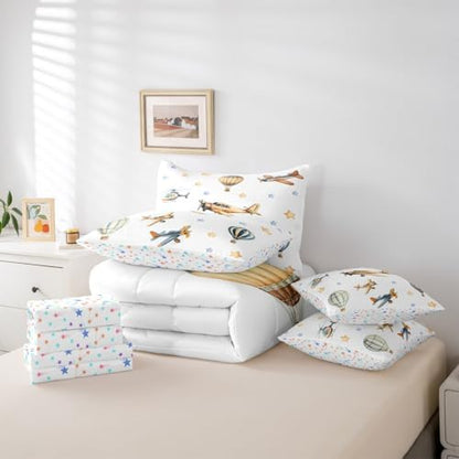Erosebridal Cute Propeller Plane King Size Comforter Set with Sheets, Cartoon Airplane Aircraft 7 Pcs Bedding Set for Kids Boys Teens Girls Adults, Hot Air Balloon Bed in A Bag, Star Print Bed Sets