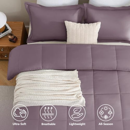 CozyLux Queen Size Comforter Set, 3-Piece Box-Stitched, Dusty Purple