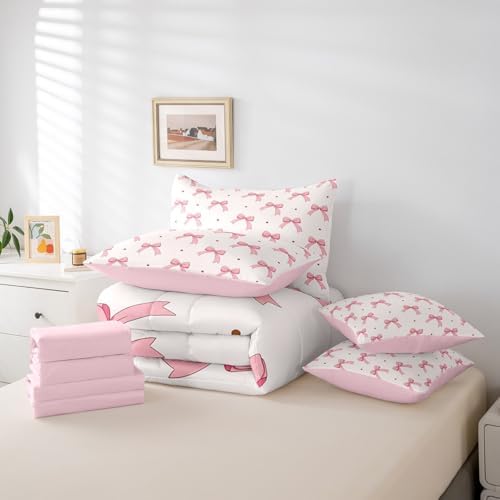 Feelyou Pink Bow Bed Set for Kids Girls Woman Queen Size Cute Coquette Bow Knot 7 Pieces Beeding Set Ultra Soft Girly Bed in a Bag with Comforter, Sheets, Pillowcases Bowknot Room Decor Bow Decor