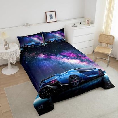 Feelyou Galaxy Car Comforter Set Blue Race Car Bedding Set for Kids Boys Girls Teens Universe Starry Sky Sports Car Comforter Extreme Sports Theme Design Quilt Set Room Decor 3Pcs Full Size