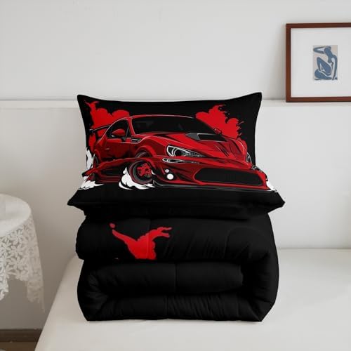 Erosebridal Red Race Car Full Comforter Set Racing Car Bedding Set for Boys Extreme Sport Car Down Comforter Teens Racing Competition Quilt Cool Sports Duvet Insert Room Decor