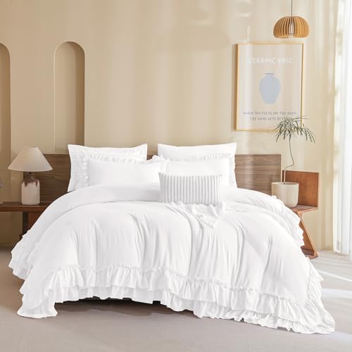 Masaca Ruffle Comforter Full Size,3 Pieces Farmhouse Shabby Boho Chic Bedding Sets Full,Netural White Ruffled Vintage Rustic French Country Bedding Comforter Set for All Season