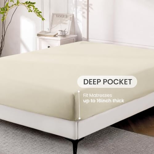 ROSE&RISY Light Beige Queen Sheet Set, 4 Pcs Soft Bedding Queen Sheet Set, Breathable and Cooling Sheet Bed Set, Includes 1 Fitted Sheet, 1 Flat Sheet, 2 Pillowcases - Deep Pocket (Light Beige, Queen)