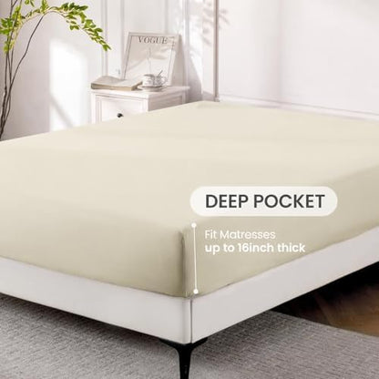 ROSE&RISY Light Beige Queen Sheet Set, 4 Pcs Soft Bedding Queen Sheet Set, Breathable and Cooling Sheet Bed Set, Includes 1 Fitted Sheet, 1 Flat Sheet, 2 Pillowcases - Deep Pocket (Light Beige, Queen)