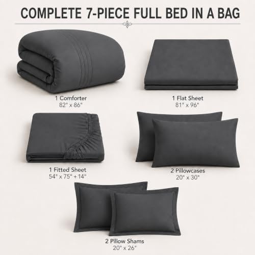 Full Size Comforter Sets Dark Grey, 7 Pieces Bed in a Bag Bedding