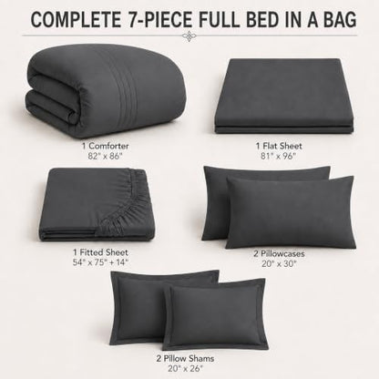 Full Size Comforter Sets Dark Grey, 7 Pieces Bed in a Bag Bedding