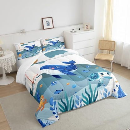 Homewish Cute Whale Comforter Set King Size,Cartoon Ocean Animals Bedding Set for Kids Girls Boys Teens Room Decor,Blue White Grey Stripes Quilt Set Turtle Octopus Fish Duvet Insert,2 Pillowcases