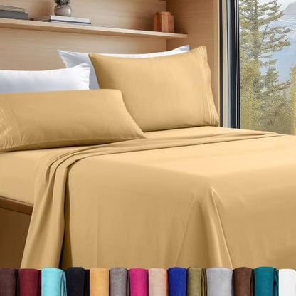 Elegant Comfort Luxury 4-Piece Bed Sheet Set - Luxury Bedding 1500 Premium Hotel Quality Microfiber, Wrinkle Resistant Cool and Breathable, Easy Elastic Fitted, RV Short Queen, Camel-Gold