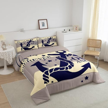 Navy Blue Anchor Comforter Set Full Ocean Nautical Bedding Set For Kids Boys Teen Men,Retro Yellow and Grey Geometric Stripe Comforter Coastal Marine Quilt Bedding Summer Soft Lightweight Duvet 3 Pcs
