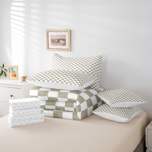 jejeloiu Light Khaki Plaid King Comforter Set with Sheets for Kids Boys Girls Checkered Classic 7 Pieces Bedding Set Grid Geometric Bed in a Bag Room Decor Soft Lightweight Microfiber