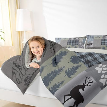 Castle Fairy Gray Green Plaid Comforter Set King Size,Woodland Animals Adventure Themed Bedding Set for Kids Boys Men Winter Room Decor,Rustic Farmhouse Quilt Set Patchwork Duvet Insert,2 Pillowcases