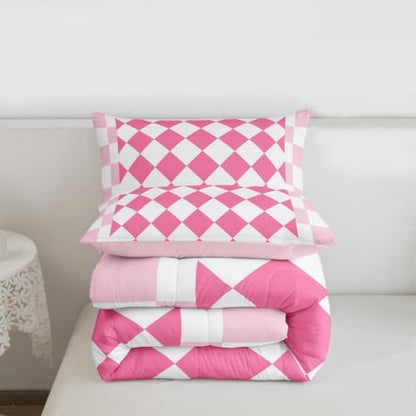 Feelyou Checkered Geometric Kids Comforter Set Toddler Size Pink Plaid Bedding Set Checkerboard Modern Aesthetic Duvet Quilt for Kids Boys Girls Bedroom Reversible Pink Decor