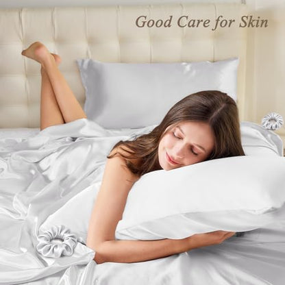 Vielit Queen Satin Pillowcase for Hair 2pc,Similar to Silk Pillow Cases,Easier Care Than Silk Pillowcase,Gifts for Women Men,White,20x30 & Envelope Closure and 2 Satin Scrunchies