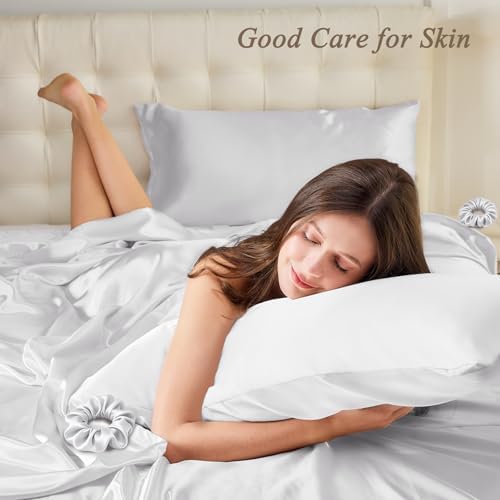 Vielit Standard Satin Pillowcase for Hair 4 Pack, Similar to Silk Pillow Cases, Easier Care Than Silk Pillowcase, Gifts for Women Men - White, 20x26 & Envelope Closure and 2 Satin Scrunchies