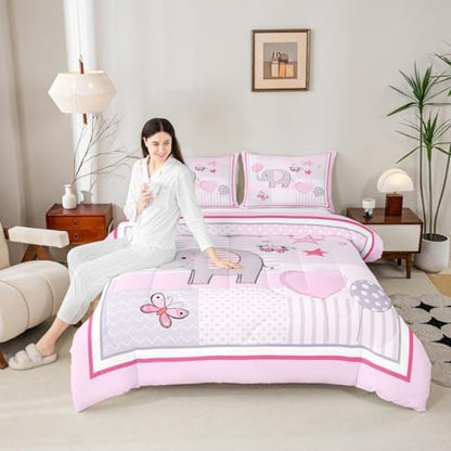 Homewish Cute Elephant Comforter Set Full Size,Balloon and Butterfly Bedding Set for Girls Women Adult Bedroom Decoration,Kids Geometric Bed Duvet Insert,Lovely Animals Comforter with 2 Pillowcase
