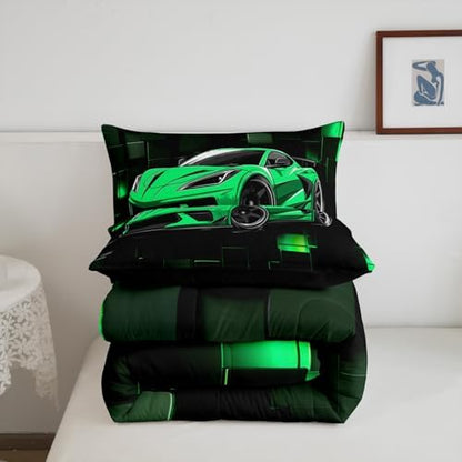 Erosebridal Racing Car Comforter Set Full Green Sports Car Bedding Set for Teens Extreme Theme Down Comforter Sports Grid Quilt 3D Duvet Insert 3Pcs Bedding Decor