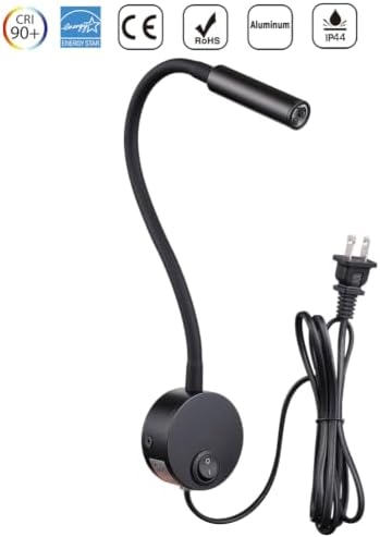 Black Bed Reading Lamp, Wall Mounted 25°Focus Light with 6000K Pure White LED, AC85-265V Adjustable Neck Task Lamp for Bedside, Dorm Bunk Bed, Studio, Marine,Hospital & Hotel, 4.92ft Cord
