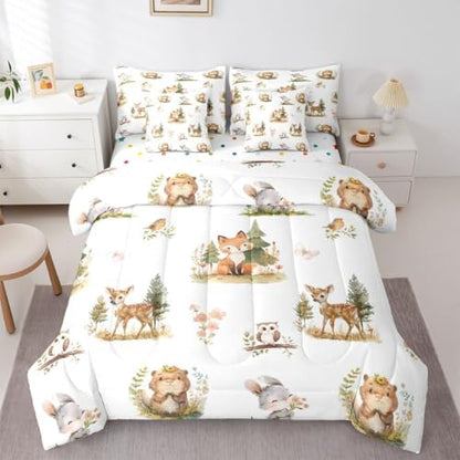Erosebridal Woodland Animals 7 Piece Comforter Set Twin Kawaii Deer Squirrel Bed in A Bag Cartoon Animals Wildlife Bedding Sets for Kids Girls Child Rabbit Flowers Sheet Set with Comforter