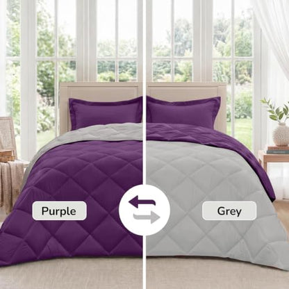 downluxe Queen Comforter Set Soft Reversible 3 Pieces, Purple/Grey