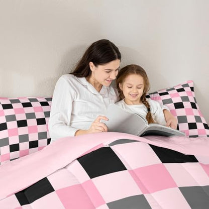 Checkered Geometric Comforter Set All Season Pink Grey Black Plaid Bedding Set with 2 Pillow Cases Checkerboard Modern Aesthetic Kids Queen Bedclothes Reversible Pink Bedroom Decor Duvet Quilt