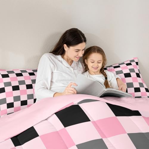 Feelyou Checkered Geometric Comforter Set All Season Pink Grey Black Plaid Bedding Set with 1 Pillow Cases Checkerboard Modern Aesthetic Kids Twin Bedclothes Reversible Pink Bedroom Decor Duvet Quilt