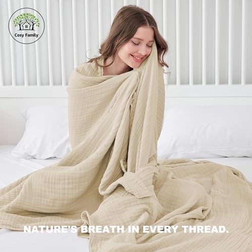 Cosy Family 4 Layer Muslin Bed Blanket - Breathable and Lightweight Gauze Boho Blanket for Spring, Soft 100% Cotton Muslin Blanket, Light Tan, 55x80 Inches